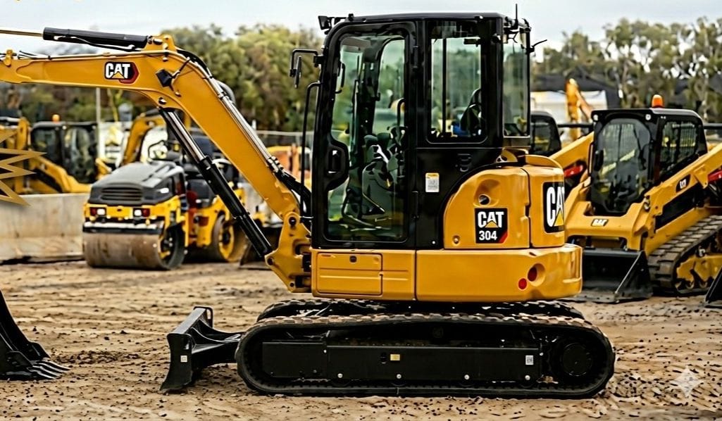 Cat 304 mini excavator in the Lenane yard with rollers and a skid steer behind